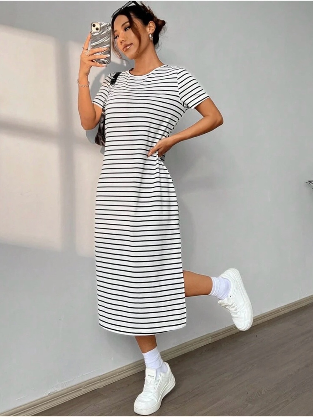 SHEIN White and Black Striped Short-Sleeve Midi Dress